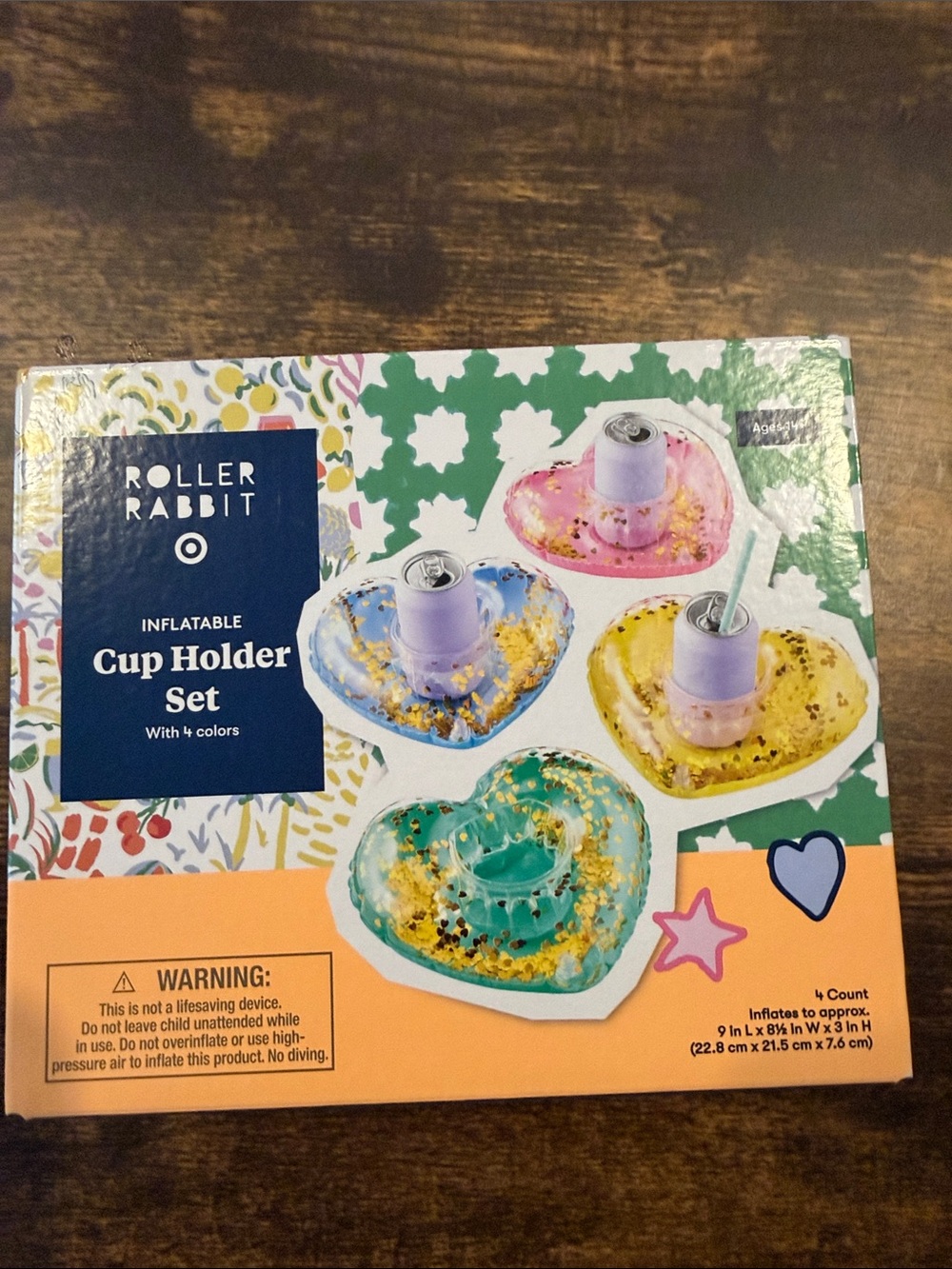 Roller Rabbit Heart Inflatable Cup Holder Set - Pink, Blue, Yellow, Green